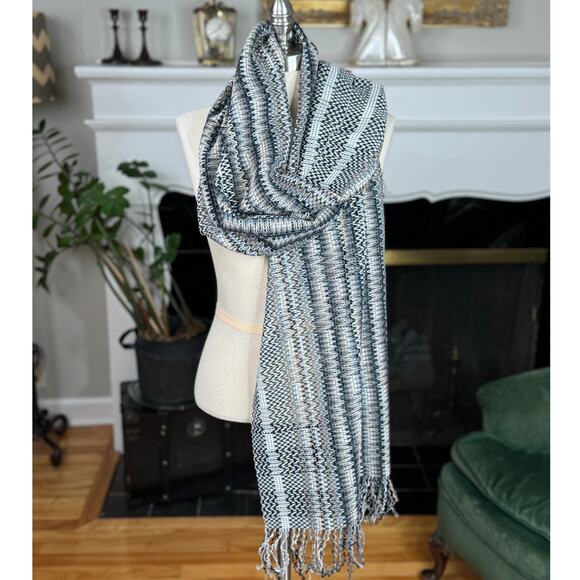 Vintage Missoni Scarf, Silver Gray Tan Zigzag, Wool Blend, Fringe, Italy, NWT - Picture 1 of 8